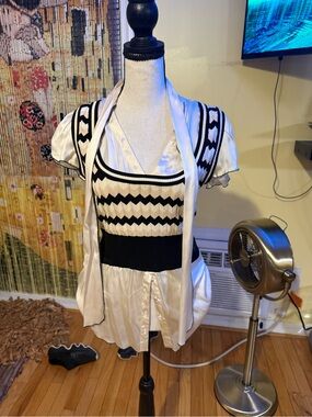 (Vintage) bebe Black and White Chevron Knit Overlay Blouse